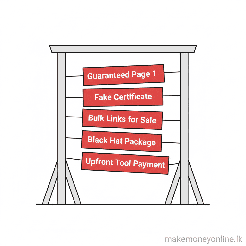 SEO Consulting in Sri Lanka: How to Earn LKR 80,000 or More Per Month (2026) SEO consulting scam warning signs for Sri Lankan freelancers including fake certifications and guaranteed rankings
