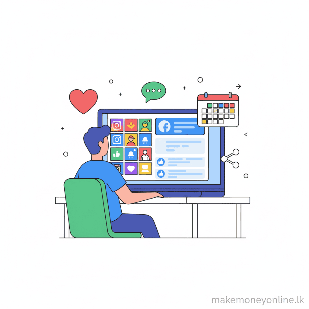 Social media management income in Sri Lanka showing content calendar, Instagram feed, and LKR monthly earnings