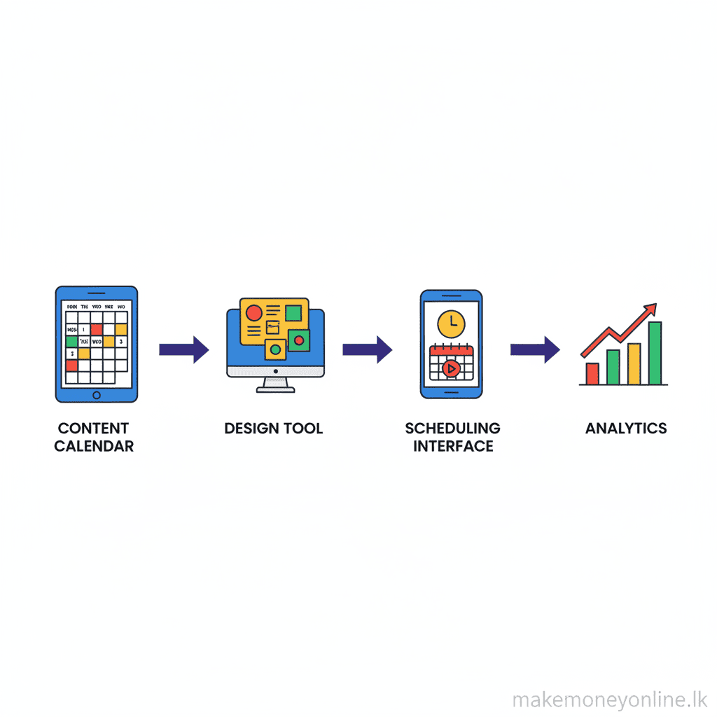 Social media management workflow showing content calendar, design, scheduling, and analytics reporting