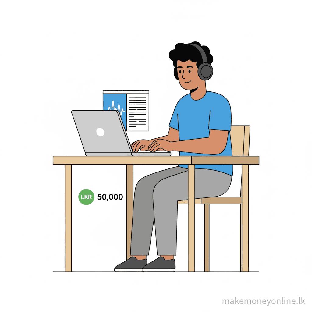 Transcription services income in Sri Lanka showing headphones, typed transcript, and LKR earnings