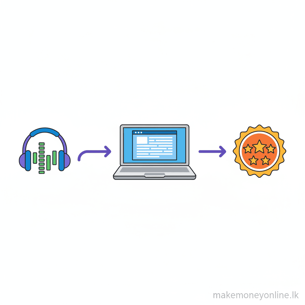 Transcription workflow showing audio file to typed text conversion process with quality scoring