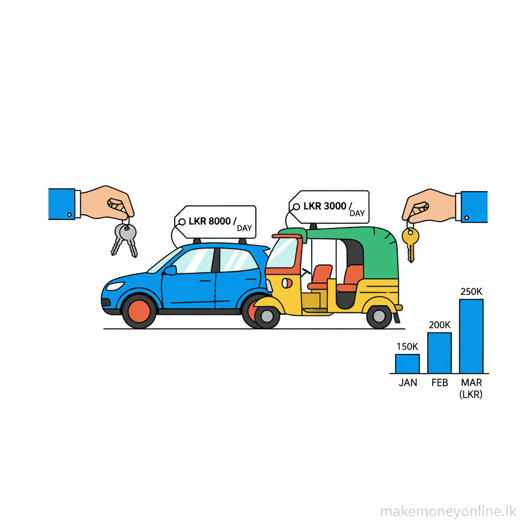Vehicle rental income in Sri Lanka showing car and tuk-tuk rental listings with LKR daily rates and monthly income