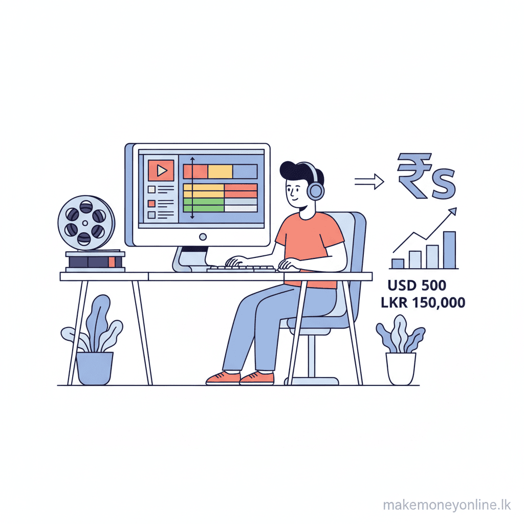 Video editing income from Sri Lanka showing editor at computer, Premiere Pro timeline, and USD to LKR conversion