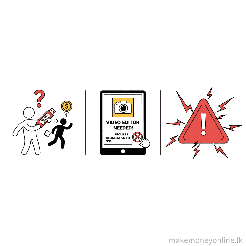 Video editing scam warning signs including clients who disappear after receiving work and fake job advertisements requiring payment