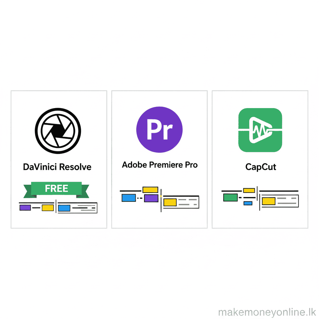 Video editing software options for Sri Lankan editors including DaVinci Resolve free, Adobe Premiere Pro, and CapCut