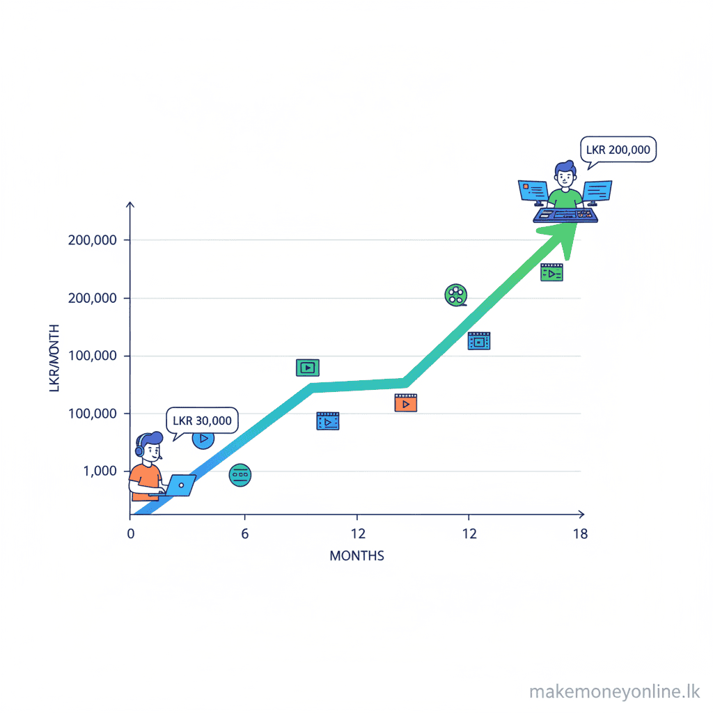 Video editing income potential for Sri Lankan freelancers showing beginner to expert LKR income growth over 18 months
