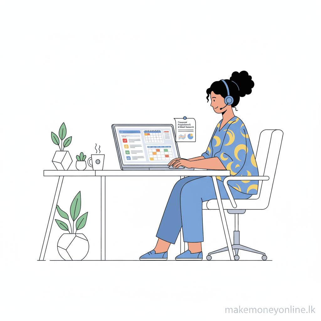 Virtual assistant work in Sri Lanka showing tasks like email management, scheduling, and research with LKR income