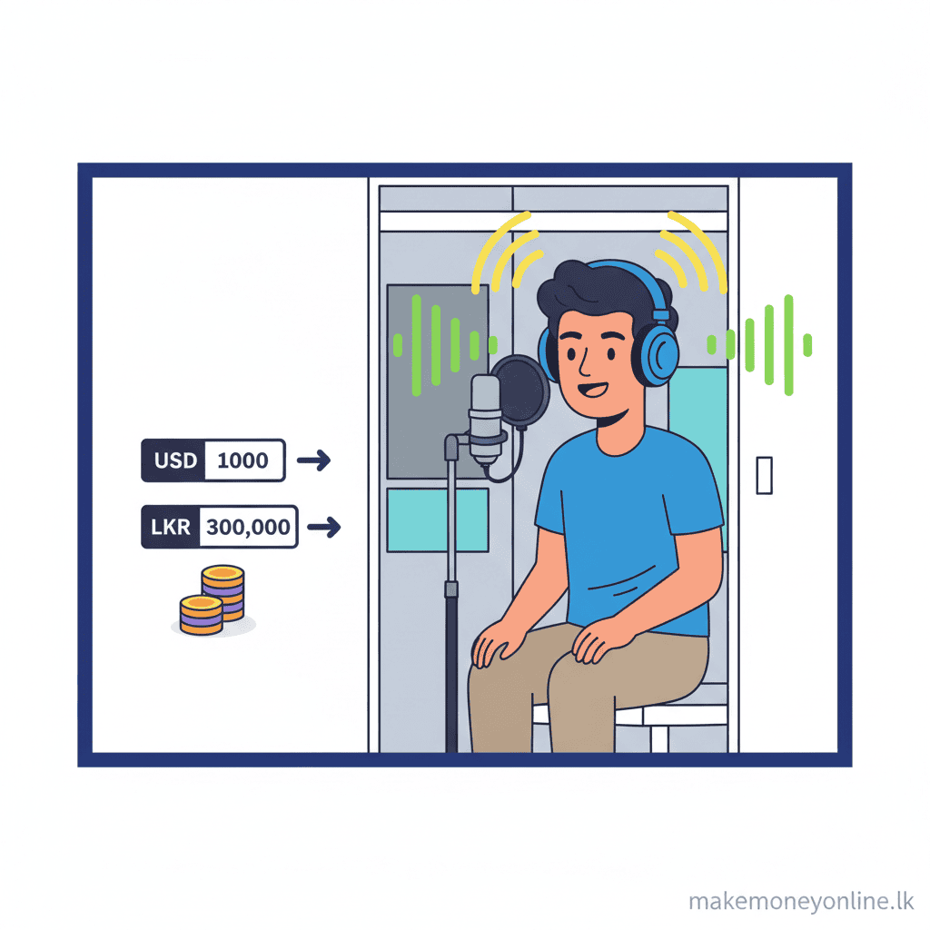 Voice-Over Work in Sri Lanka: Earn LKR 60,000+ Monthly (2026 Guide) Voice-over work income from Sri Lanka showing microphone setup, audio waveform, and USD to LKR conversion