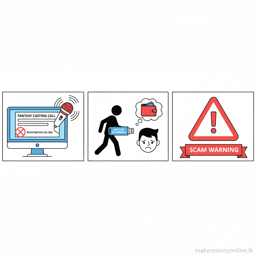 Voice-Over Work in Sri Lanka: Earn LKR 60,000+ Monthly (2026 Guide) Voice-over scam warning signs including fake casting calls, clients who disappear after receiving auditions, and payment fraud