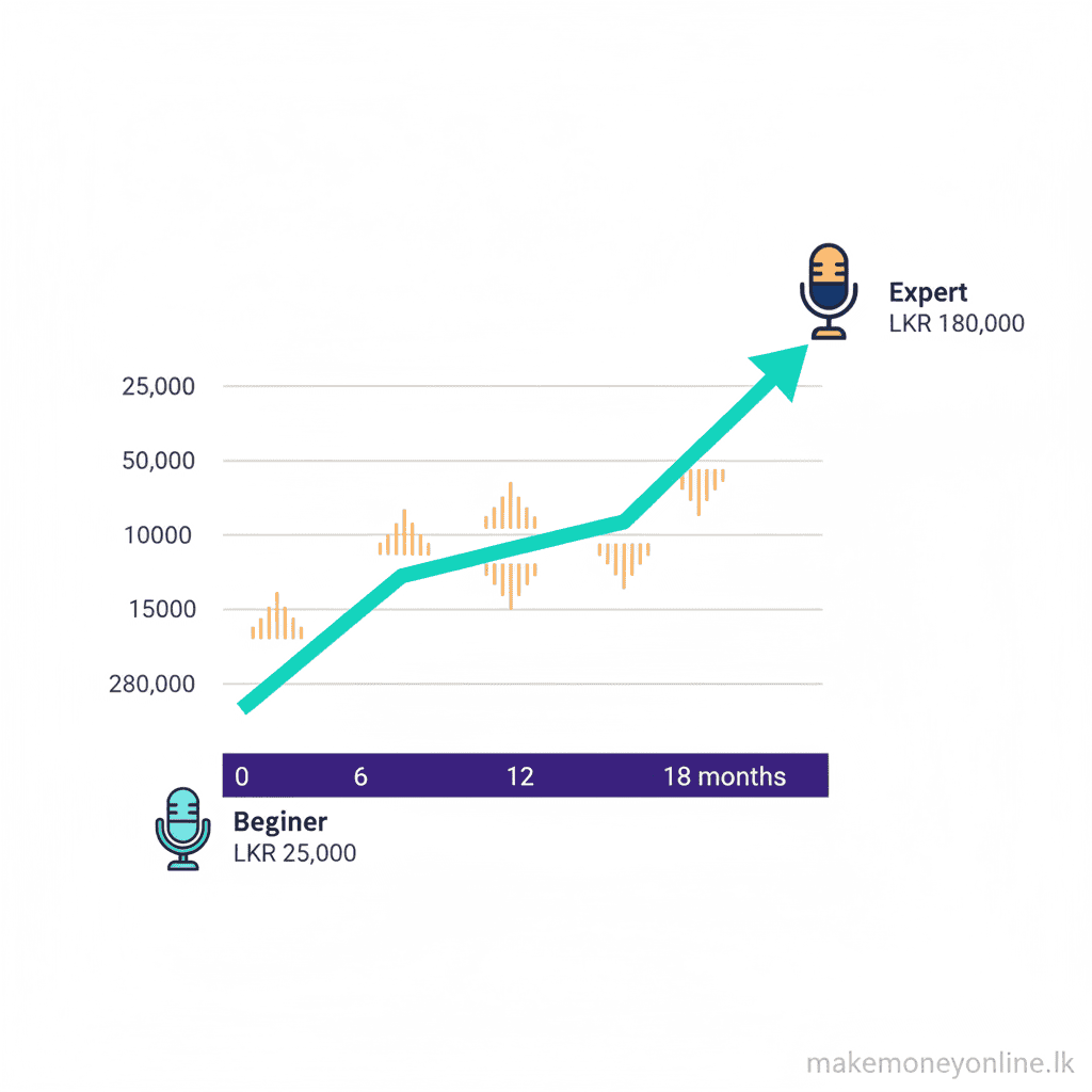 Voice-Over Work in Sri Lanka: Earn LKR 60,000+ Monthly (2026 Guide) Voice-over income potential for Sri Lankan freelancers showing beginner to expert LKR income growth chart
